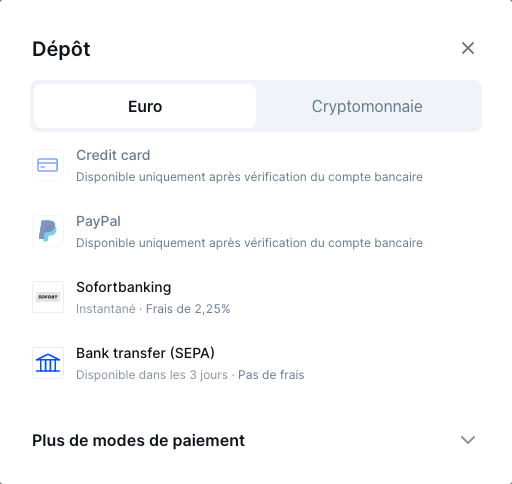 Bitvavo propose plusieurs options pour déposer des fonds en euro